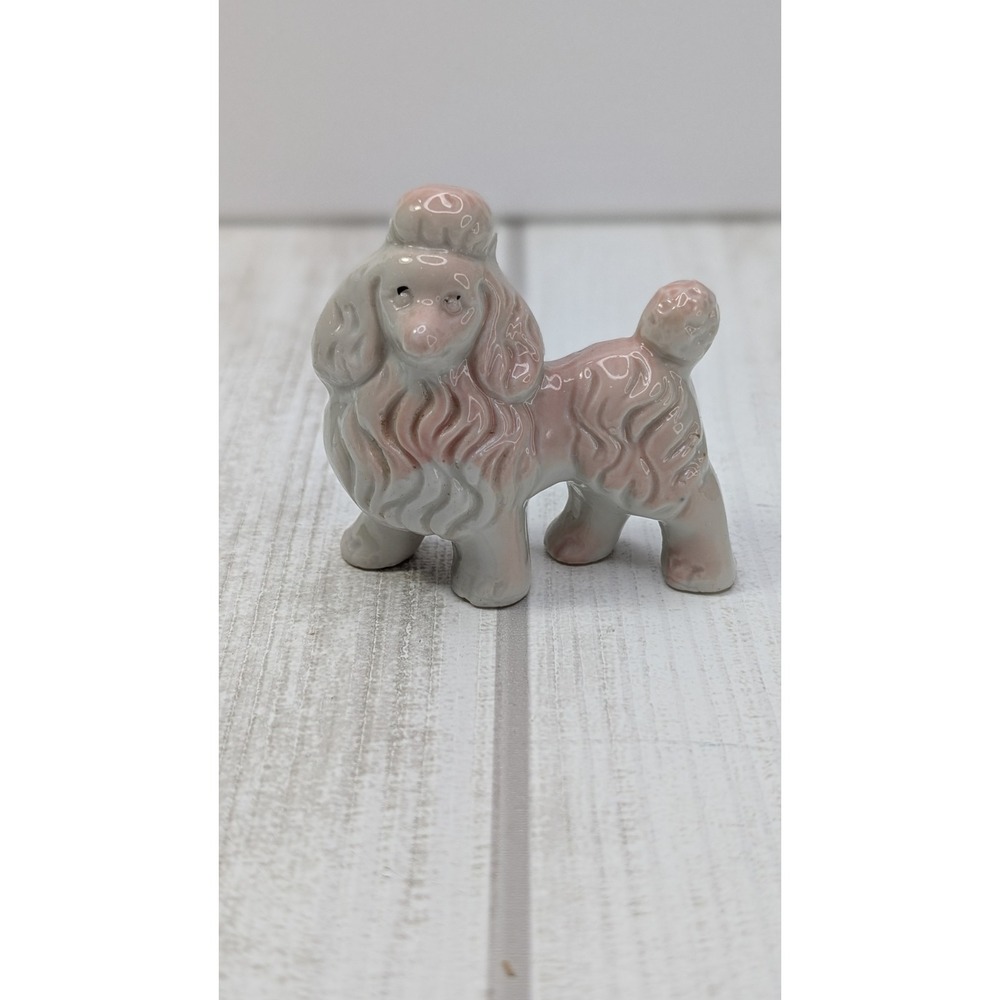 Vintage Japan Ceramic Poodle Figurine Pink Gray Mid Century Miniature Dog